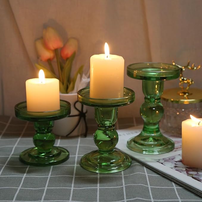 3-Piece Set of Green Glass Candlestick, Crystal Candlestick Holder Holder and - Image 6