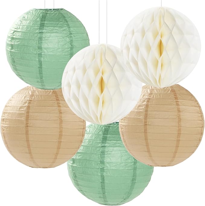 Sage-Green Beige-Champagne Party-Decorations Streamers Lanterns - Image 3