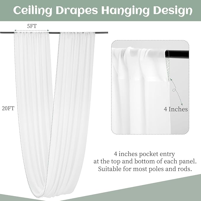 6 Panels White Ceiling Drapes 5ftx20ft Extra Long Wedding Ceiling Drapes - Image 5