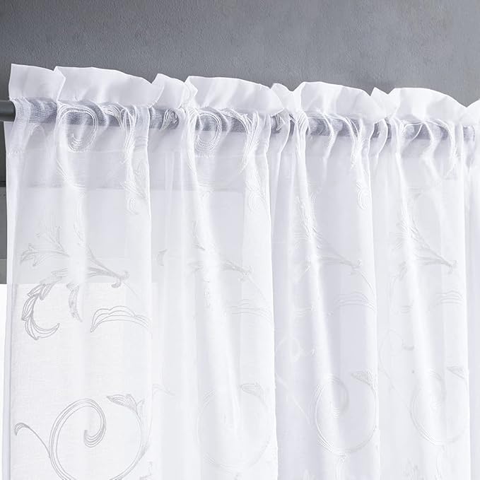 Floral Embroidery Sheer Curtains White 84 Inch Length, Rod Pocket Vintage Voile - Image 4