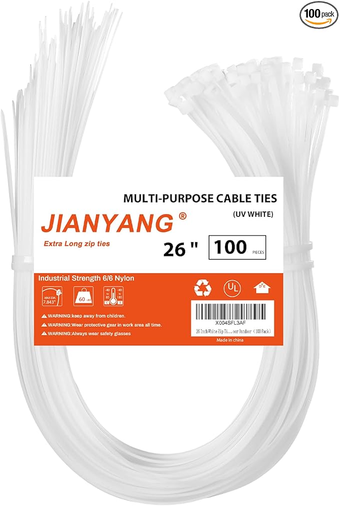 26 Inch White Long Zip Ties, 60 LBS Tensile Strength Heavy Duty Large Cable by JIANYANG