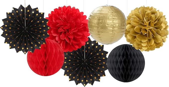 Red-Black Gold Party Decorations Streamers Lanterns - Image 4