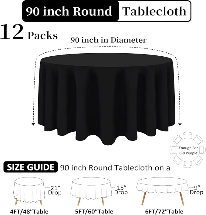 12 Pack Black Round Tablecloth 90 Inch Black Table Cloth Stain and Wrinkle - Image 2