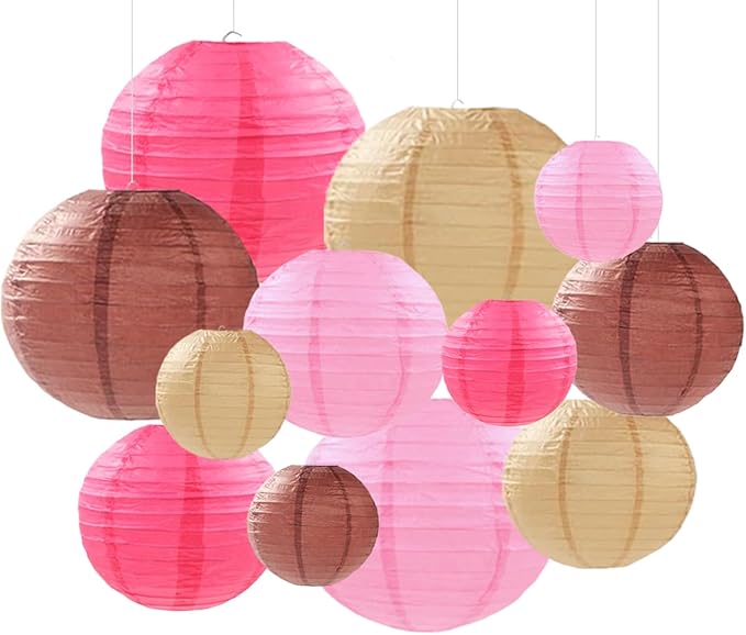 Pink Brown Paper Lanterns Decorative 12pcs Party Hanging Decorations by Capesaro