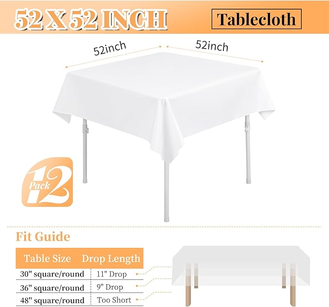 fani 12 Pack Square Tablecloth 52 x 52 Inch, Washable Polyester Table Cloth - Image 2