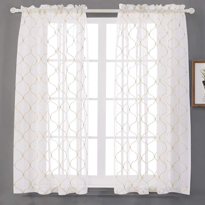 Embroidered Wave Diamond Sheer Curtains Gold 63 Inch Length, Rod Pocket Voile - Image 2