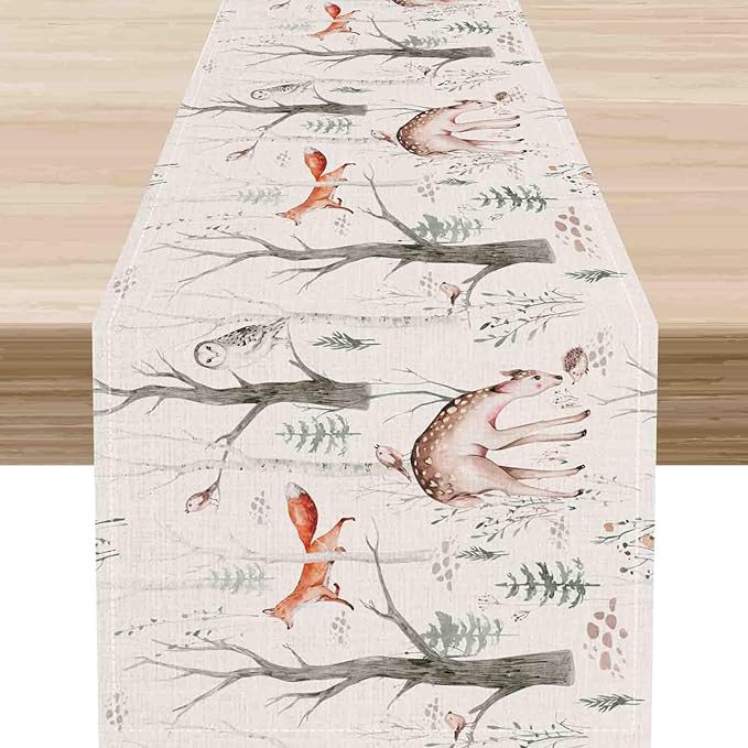 Rustic Forest Table Runner, Farmhouse Wild Woodland Animals Country Fox Rabbits by Unknown