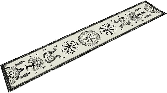Ancient Abstract Pattern Table Runner, Tree of Life Eagle Dragon Boat Rudder - Image 2