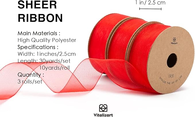 Vitalizart Red Organza Ribbon for Gift Wrapping 1 inch x 30 Yd Extra Density - Image 2