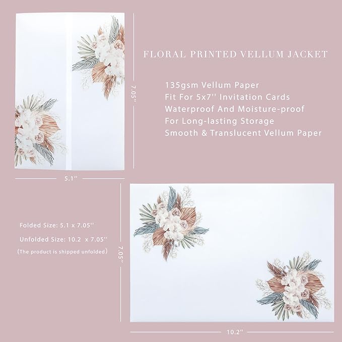 PONATIA 50PCS Vellum Jackets for 5x7 Invitation Cards- 135GSM Boho Flowers - Image 4