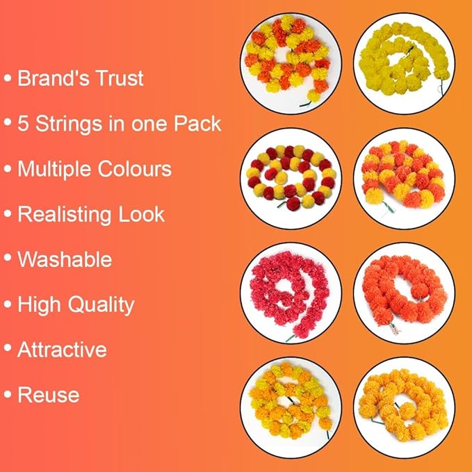 Artificial Marigold Garland for Decoration, Diwali Decorations Pack of 5 - Image 4
