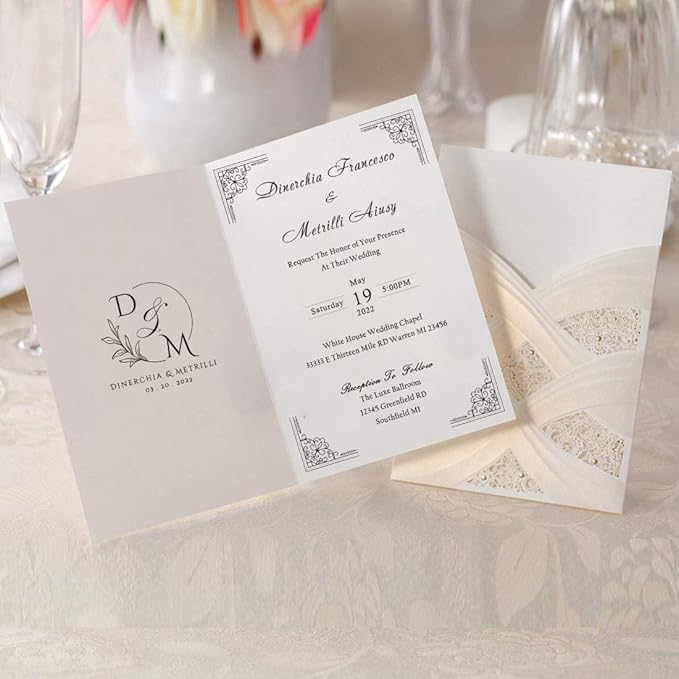 Hosmsua 50PCS Customized Ivory Wedding Invitations Kit 5.12x7.2 Inch Laser Cut - Image 4