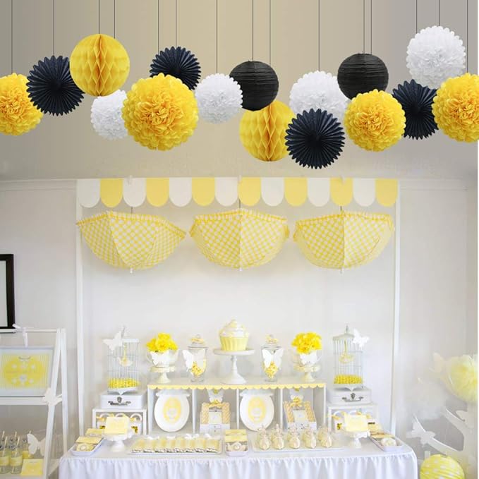 Yellow White Black Party Decorations 16pcs Paper Pom Poms Honeycomb Balls - Image 4