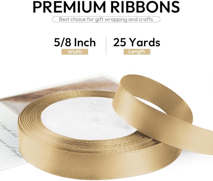 5/8 Inch 25 Yards Satin Ribbon Champagne Gold, Solid Color Fabric Ribbon - Image 2