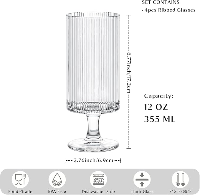 INSETLAN Set of 4 Ribbed Glass Goblets – 12oz Vertical Stripe Stemmed Glassware - Image 2