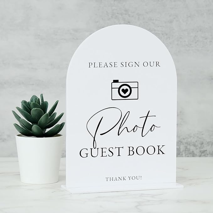 Acrylic Photo Guestbook with Stand- 5"x7" White Arched Wedding Sign and Base by JINMURY
