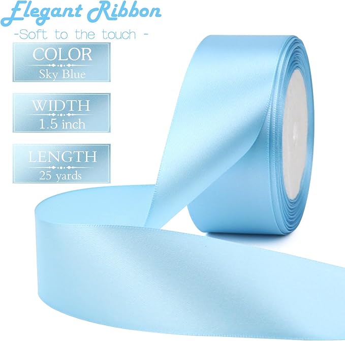 Sky Blue Solid Satin Ribbon 1-1/2 Inch 25 Yards Solid Polyester Fabric Ribbon - Image 2