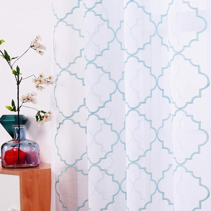 Embroidery Sheer Curtains Blue 63 Inch, Rod Pocket Voile Drapes by MYSTIC-HOME