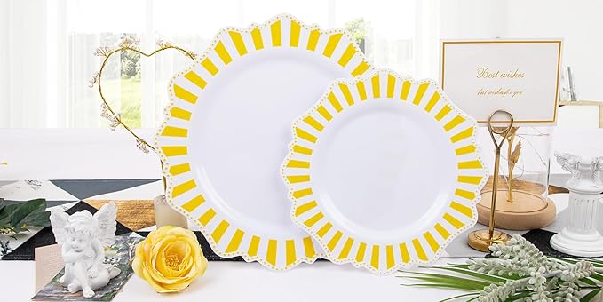 COLOSUS 150pcs Disposable White Lemon Yellow Striped Plastic Party Plates and - Image 7