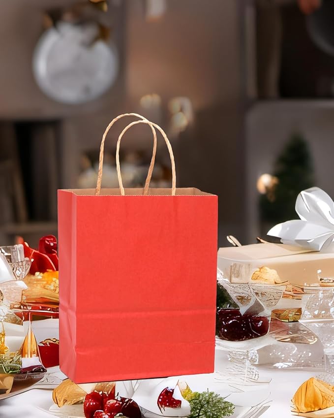 qiqee 50-Packs Gift Bag with Handles Bulk Kraft Red Paper Bags Multiple Uses - Image 5