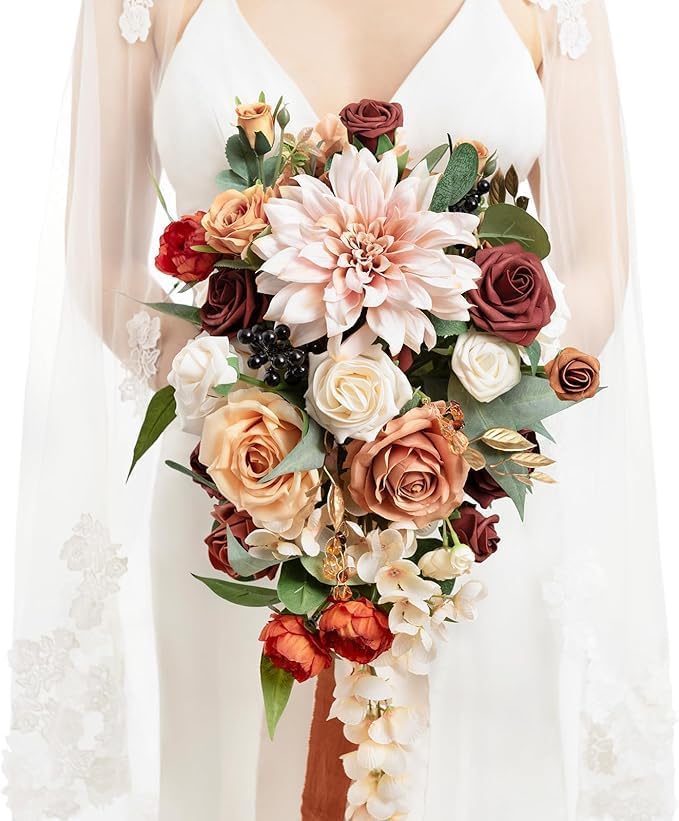 Ling's moment Terracotta Bridal Bouquet Cascading, 13 Inch Bride Bouquets by LingsMoment
