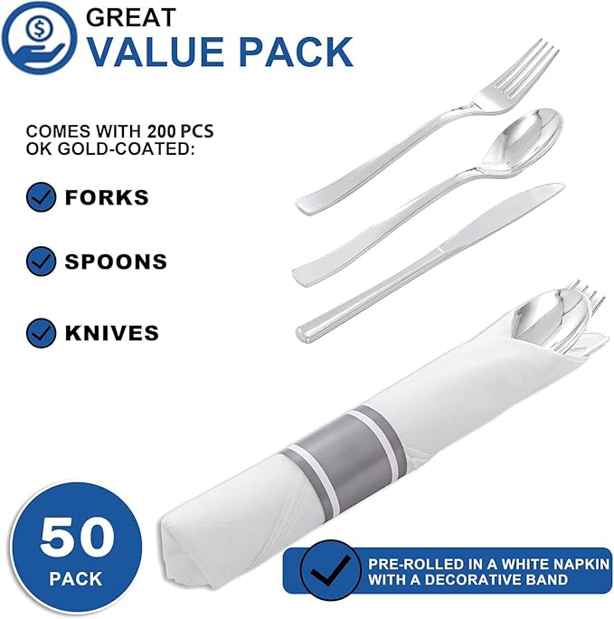 50Guests Pre Rolled Silver Plastic Silverware Sets - Image 3