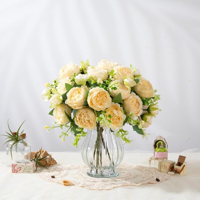 Artificial Peonies Silk Flowers in Glass Vase Faux Flowers Bouquets Modern - Image 8