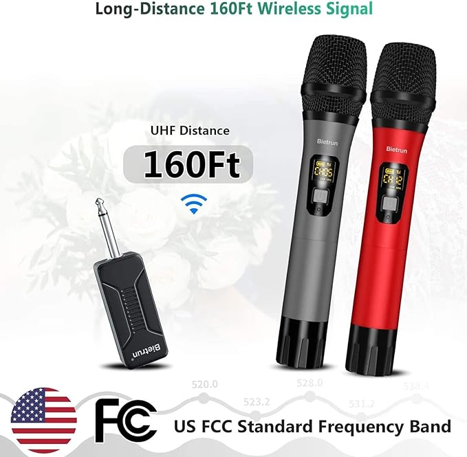 Bietrun Wireless Microphone, Professional UHF Metal Dual Handheld Cordless - Image 2