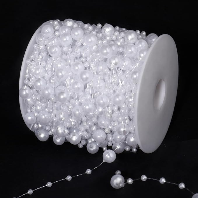 98FT Pearl Beads String Garland, 8mm 3mm White Faux Pearl Beads Roll Strand Bulk - Image 4