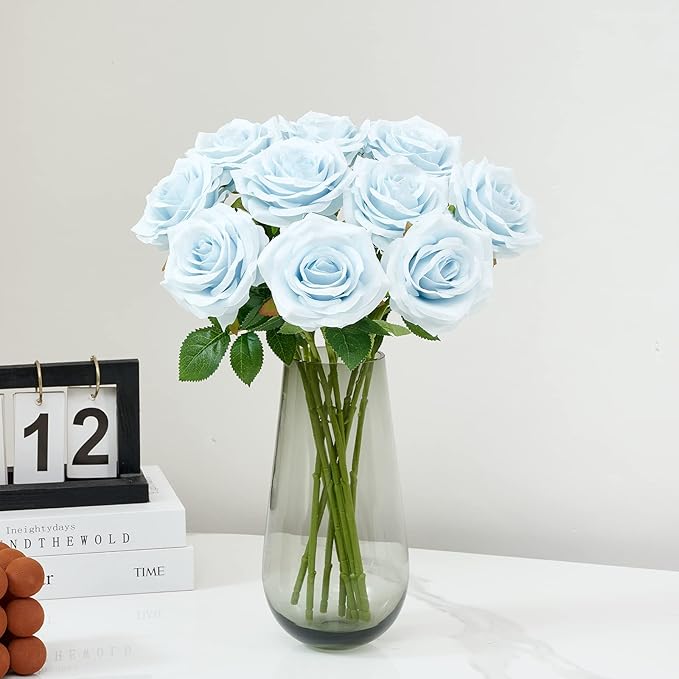 Artificial Rose 10pcs Ice Blue Open Flower Bouquet Faux Rose Stems - Image 2
