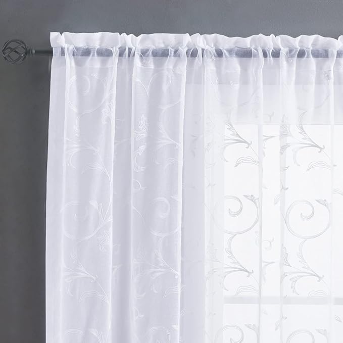 Sheer Curtains White 95 Inches Vintage Embroidered Floral, Window Treatments - Image 3