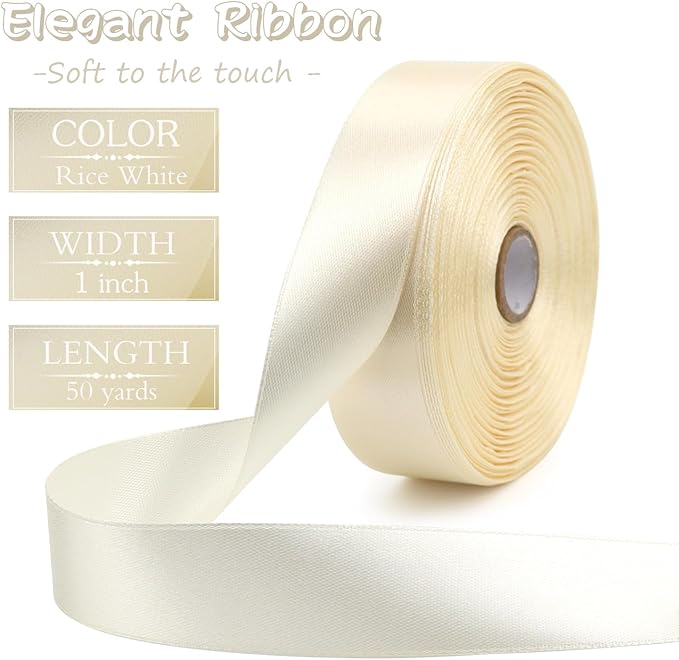 Rice White Solid Satin Ribbon 1 Inch 50 Yards Solid Polyester Fabric Ribbon - Image 2