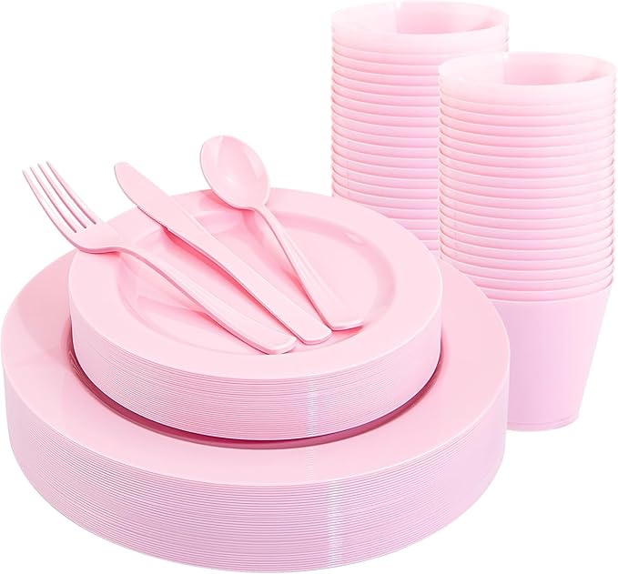 KIRE 150 Pieces Pink Plastic Plates Disposable by KIRE