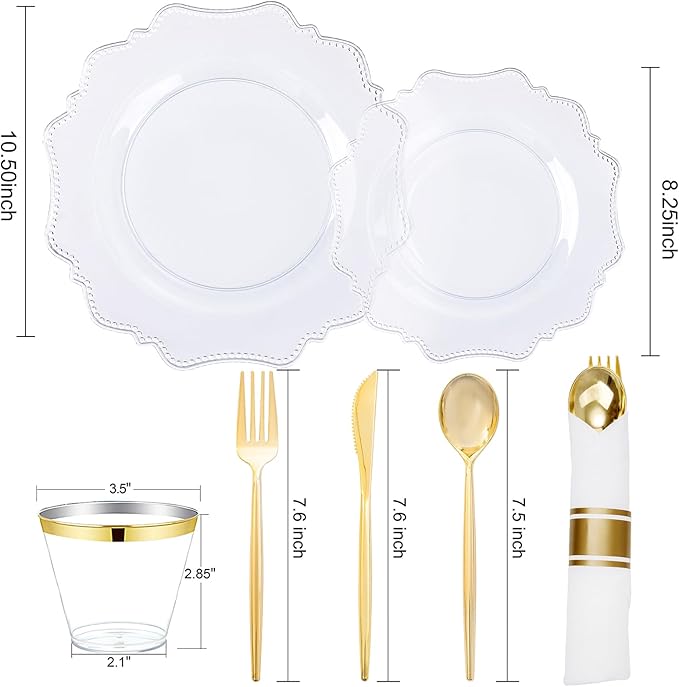 COLOSUS 350pcs Clear Plastic Plates Disposable Gold Cutlery Dinnerware set - Image 5
