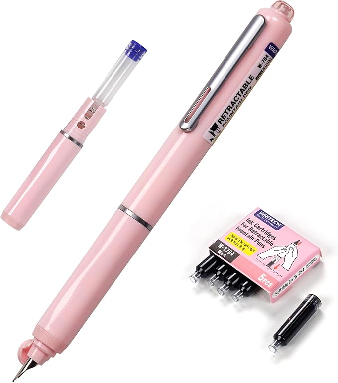 WRITECH Retractable Fountain Pen Set: Black Ink Fine Nib, 5 Refillable Ink by WRITECH