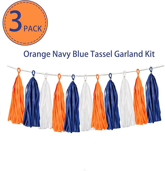15PCS Navy Blue Orange White DIY Party Tassel Garland Paper Banner Streamer - Image 2