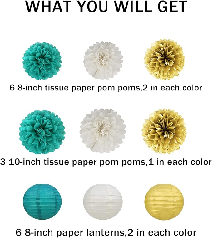 White Gold Teal Party Decorations – 15Pcs Tissue Paper Flowers Pom Poms Paper - Image 2
