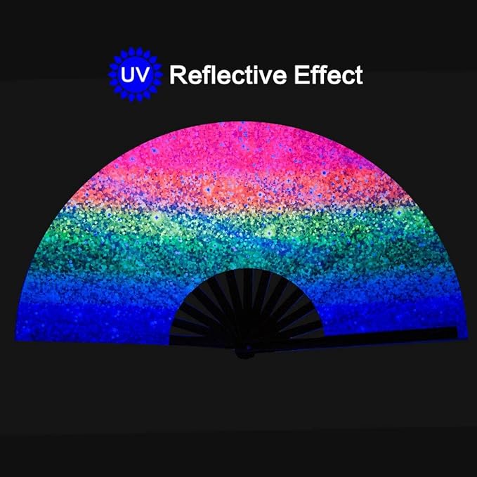 UV Glow Rave Fan, Bamboo Folding Clack Hand Fan - Image 2