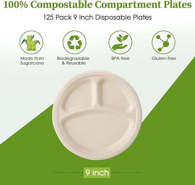 ECOLipak 125 Pack Compostable 3 Compartment Plates, 8.85 inch Heavy-Duty - Image 2