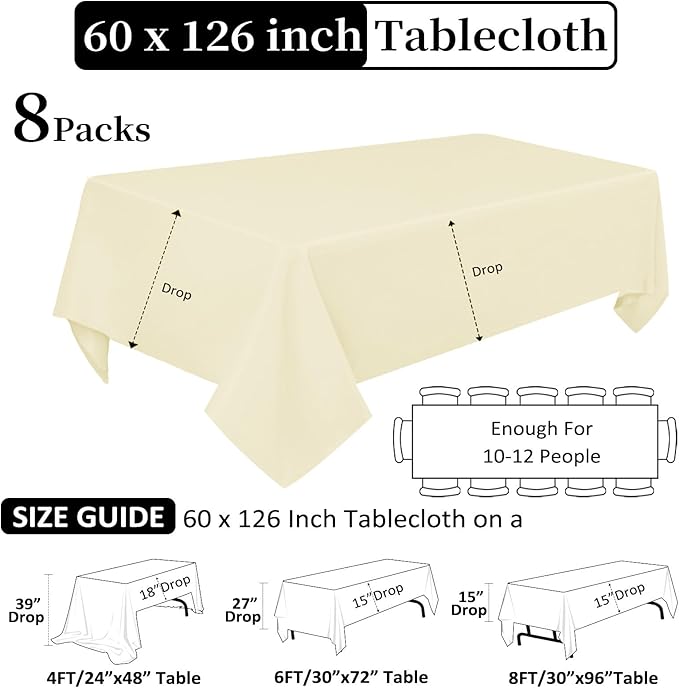 8 Pack Beige Tablecloth 60 x 126 Inch Rectangular Tablecloths - Image 2