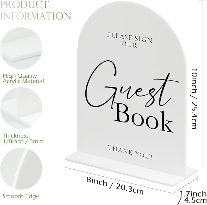 White Arch Acrylic Wedding Sign- 8"x10" Guest Book Sign and Base, 1/8" Thick | - Image 2