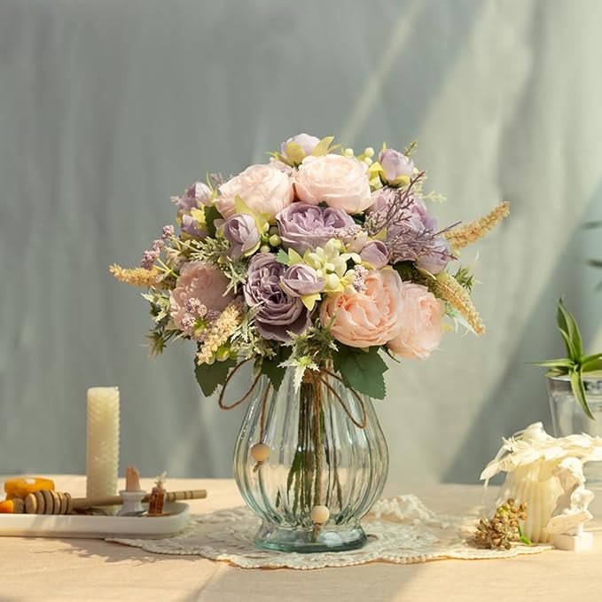 Artificial Peonies Silk Flowers Bouquet in Glass Vase Faux Flowers Bouquets - Image 5