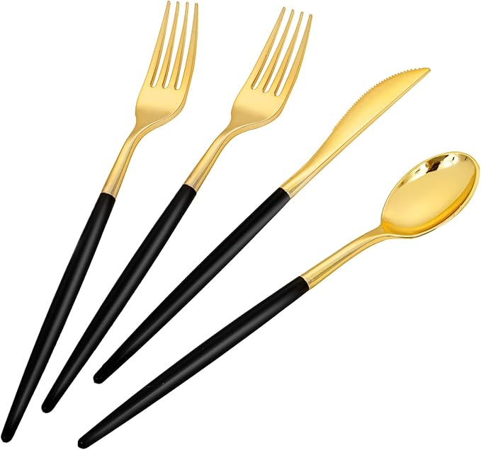 SUT Gold Plastic Silverware Forks and Spoons Disposable, 80 Gold Plastic Forks by SeeYouTomorrow