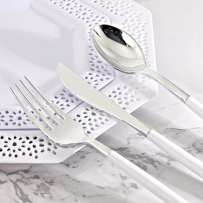WELLIFE 144 Pack Silver Plastic Cutlery, Disposable Silver Flatware Includes： - Image 4