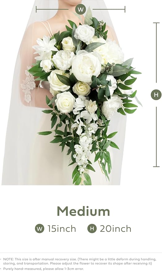 Ling's Moment White Bridal Bouquet Cascading, Ivory Wedding Bouquets - Image 7