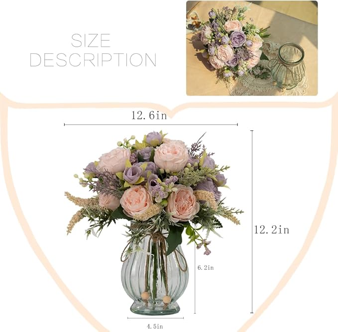 Artificial Peonies Silk Flowers Bouquet in Glass Vase Faux Flowers Bouquets - Image 4