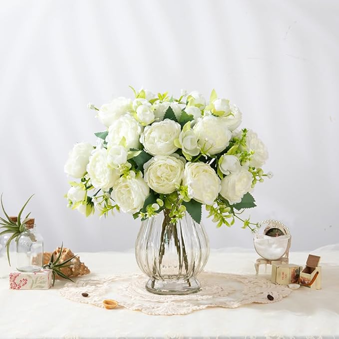 Artificial Peonies Silk Flowers in Glass Vase Faux Flowers Bouquets Modern - Image 8