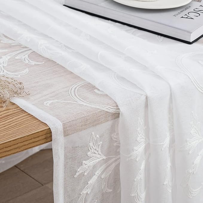 Sheer Curtains White 63 Inch Embroidered Floral, Rod Pocket Voile Drapes - Image 5