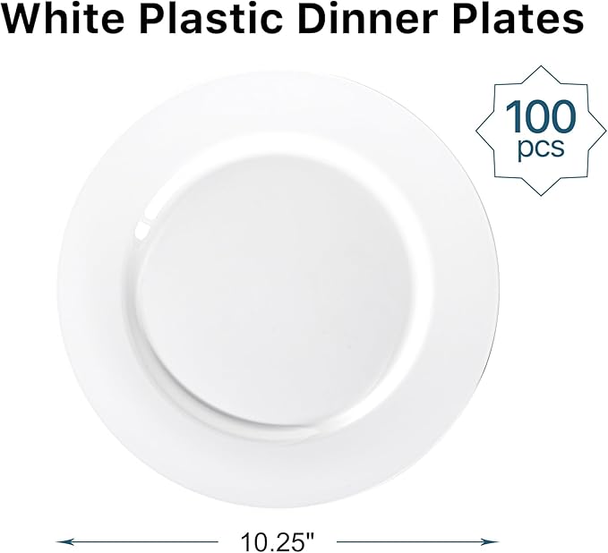 N9R 100PCS White Plastic Plates, 10.25inch Heavy Duty Plastic Disposable Plates - Image 2