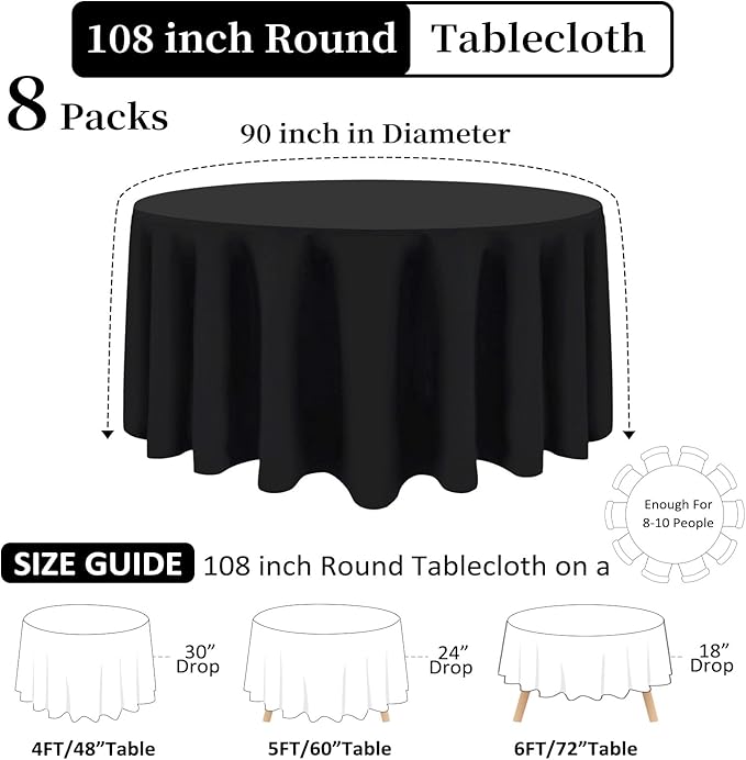 8 Pack Black Round Tablecloth 108 Inch Black Table Cloth Stain and Wrinkle - Image 2